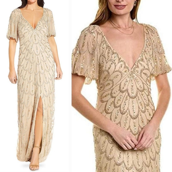 Aidan Mattox Dresses & Skirts - New‎ Aidan Mattox Heavily Beaded V-neck Front Slit Formal Gala Ball Gown 4 Gold